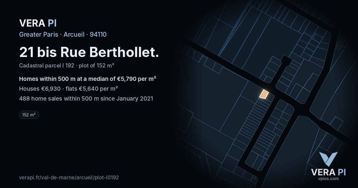 21 bis Rue Berthollet, Arcueil at night – the plot lit, the parcels around coloured by the prices near them