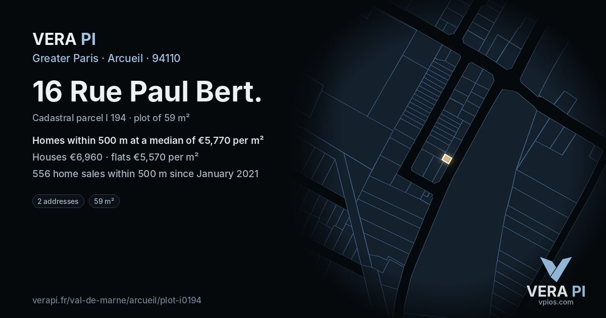 16 Rue Paul Bert, Arcueil at night – the plot lit, the parcels around coloured by the prices near them