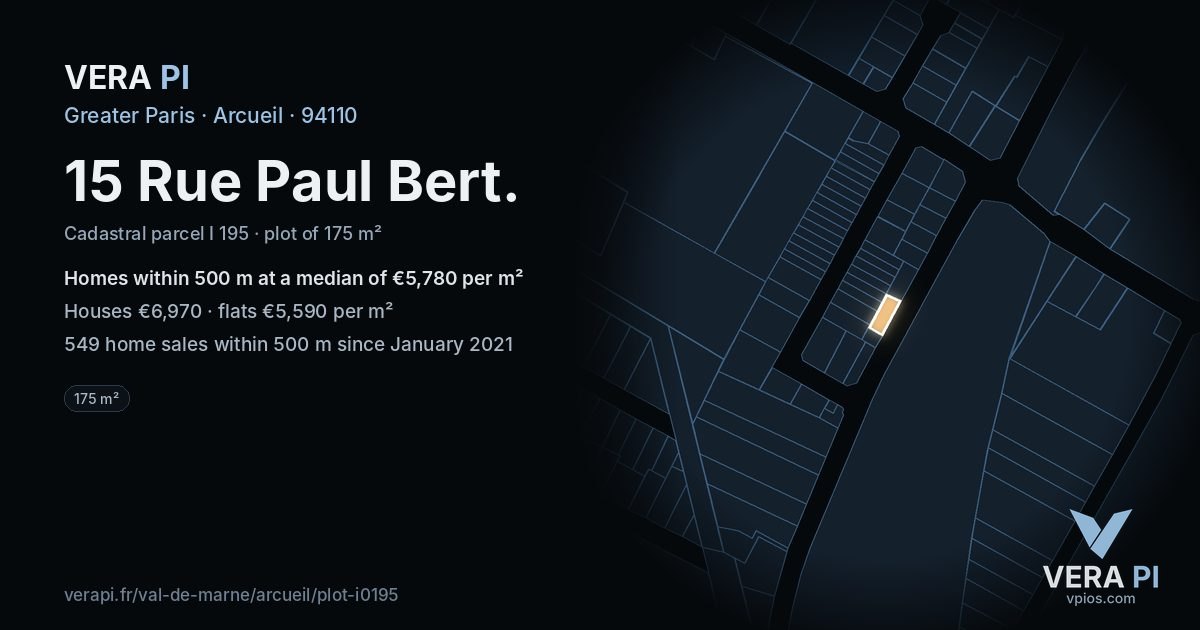 15 Rue Paul Bert, Arcueil at night – the plot lit, the parcels around coloured by the prices near them