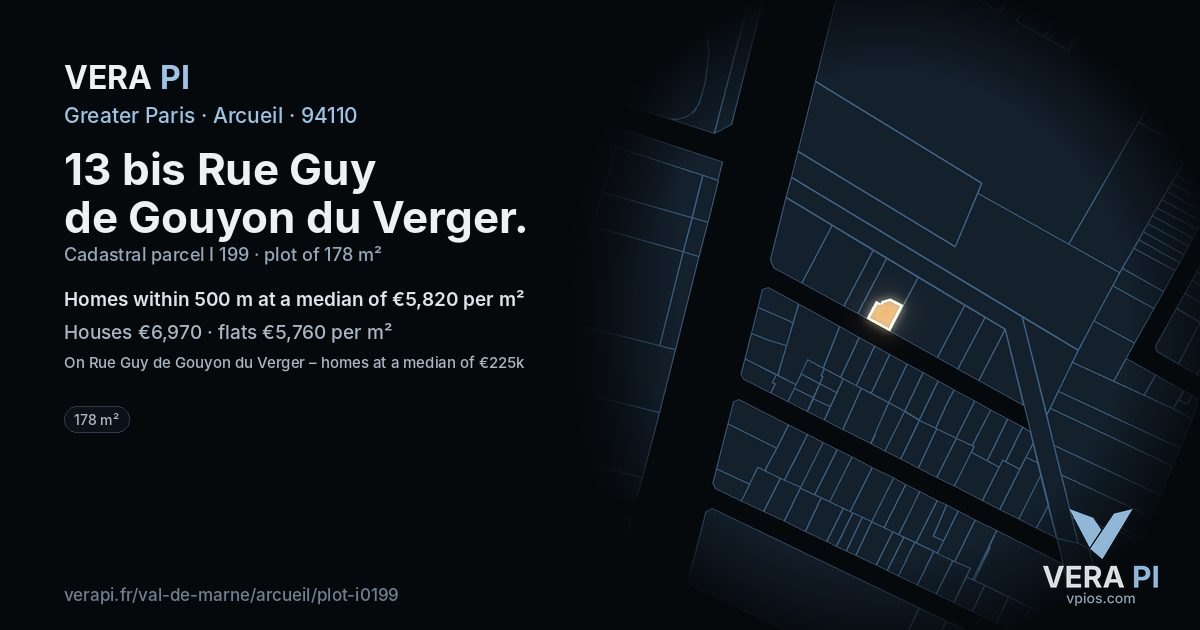 13 bis Rue Guy de Gouyon du Verger, Arcueil at night – the plot lit, the parcels around coloured by the prices near them