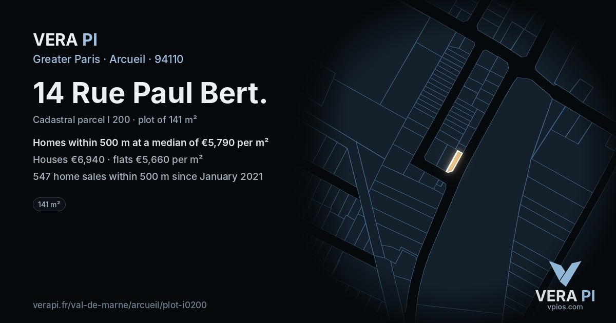 14 Rue Paul Bert, Arcueil at night – the plot lit, the parcels around coloured by the prices near them