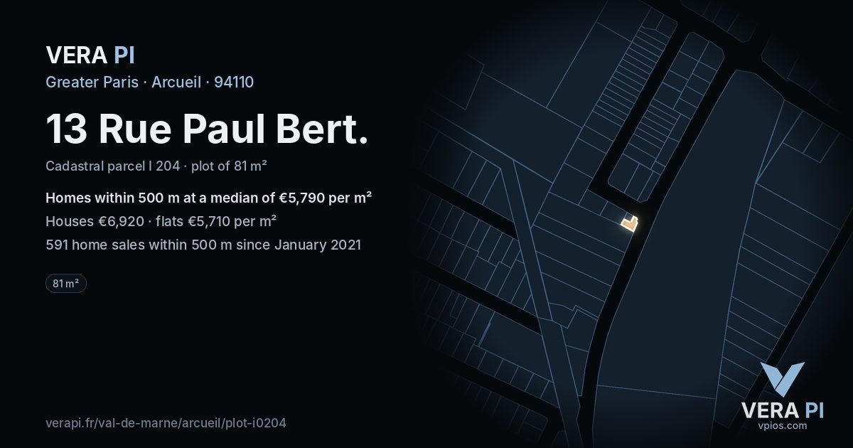 13 Rue Paul Bert, Arcueil at night – the plot lit, the parcels around coloured by the prices near them
