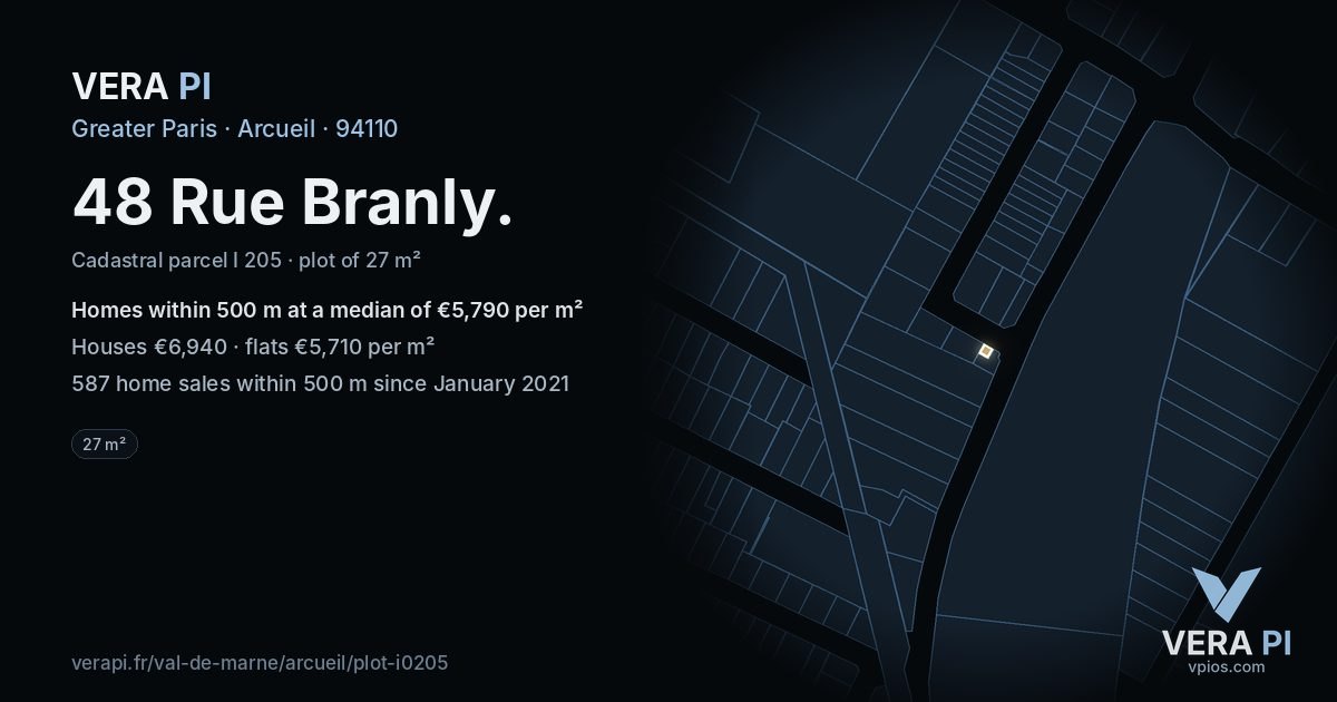 48 Rue Branly, Arcueil at night – the plot lit, the parcels around coloured by the prices near them