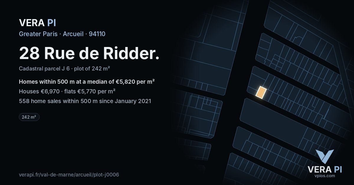 28 Rue de Ridder, Arcueil at night – the plot lit, the parcels around coloured by the prices near them