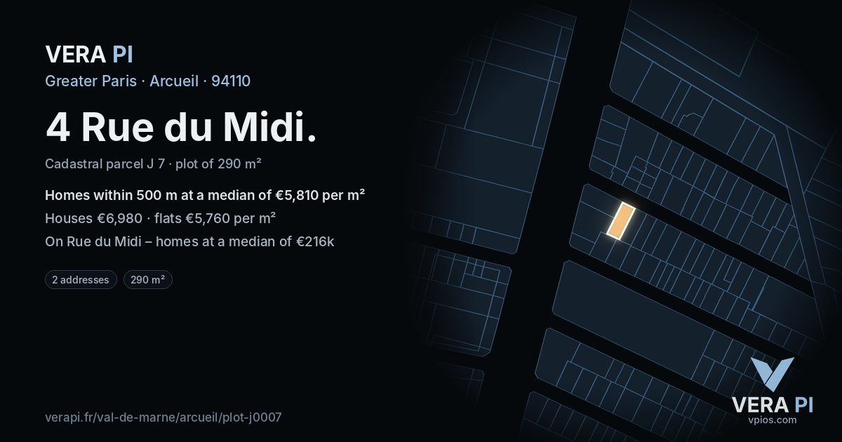 4 Rue du Midi, Arcueil at night – the plot lit, the parcels around coloured by the prices near them