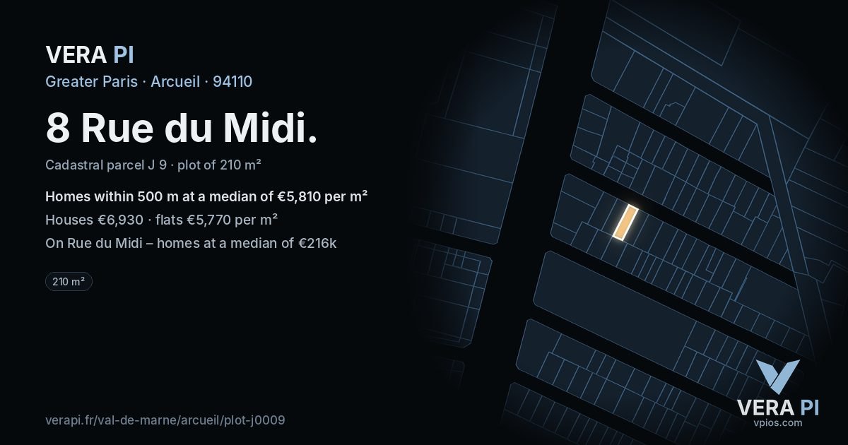 8 Rue du Midi, Arcueil at night – the plot lit, the parcels around coloured by the prices near them