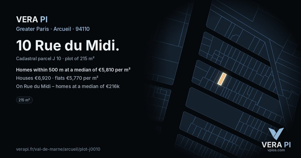 10 Rue du Midi, Arcueil at night – the plot lit, the parcels around coloured by the prices near them