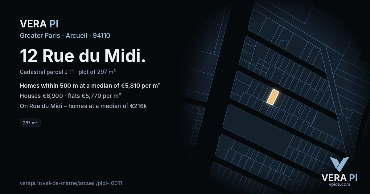 12 Rue du Midi, Arcueil at night – the plot lit, the parcels around coloured by the prices near them