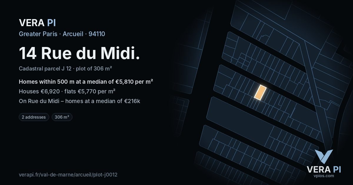 14 Rue du Midi, Arcueil at night – the plot lit, the parcels around coloured by the prices near them