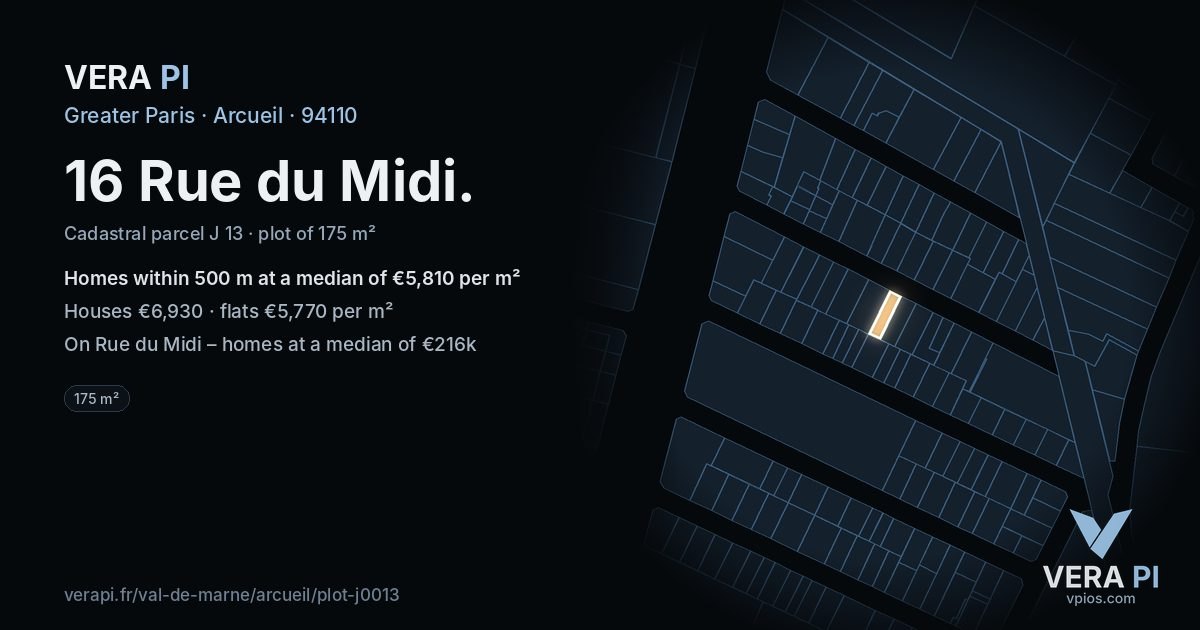 16 Rue du Midi, Arcueil at night – the plot lit, the parcels around coloured by the prices near them