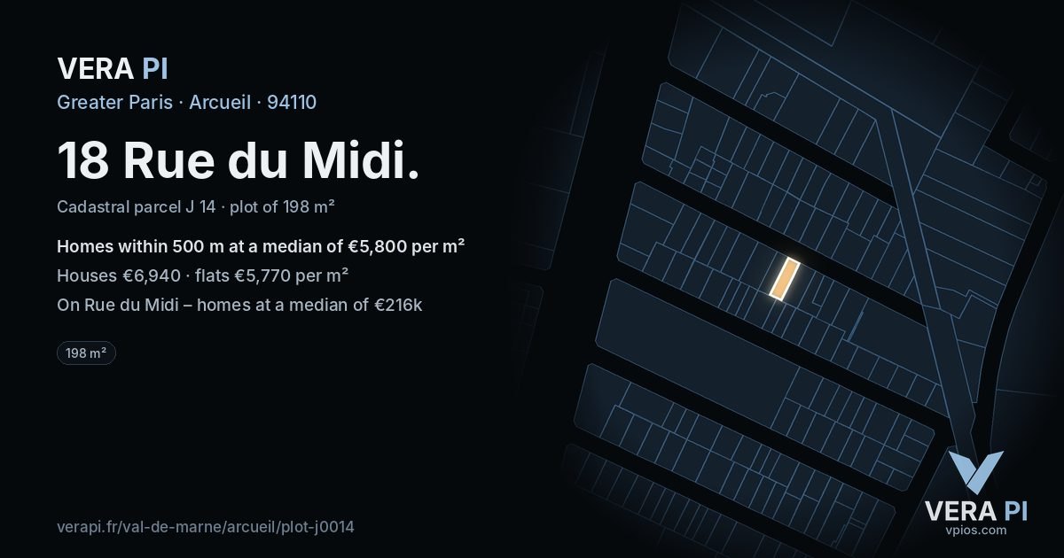 18 Rue du Midi, Arcueil at night – the plot lit, the parcels around coloured by the prices near them