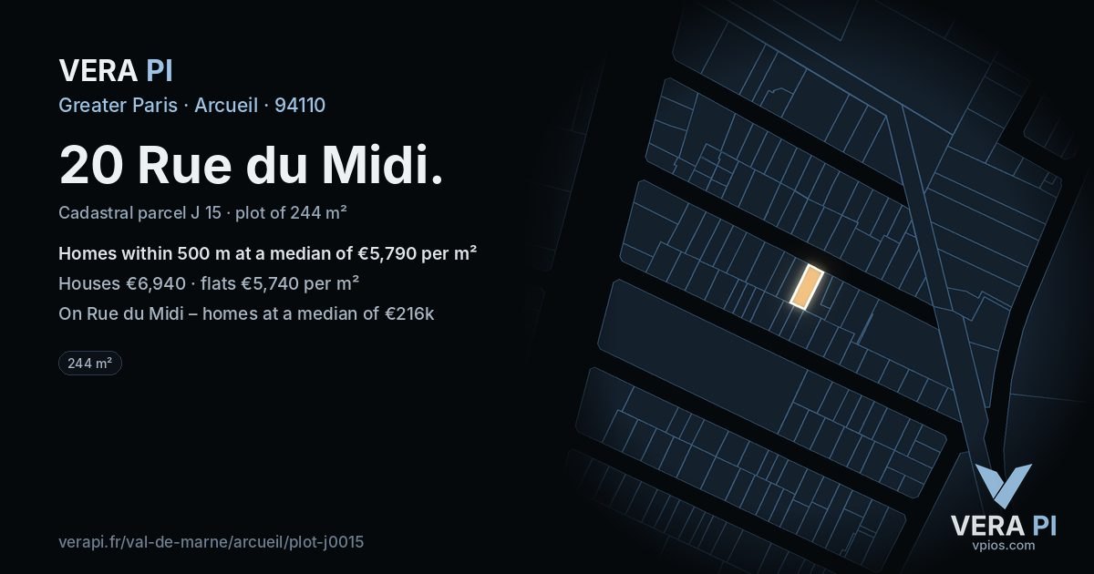 20 Rue du Midi, Arcueil at night – the plot lit, the parcels around coloured by the prices near them