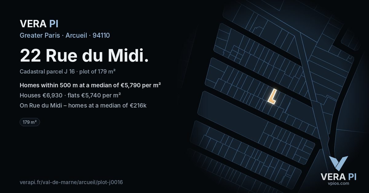 22 Rue du Midi, Arcueil at night – the plot lit, the parcels around coloured by the prices near them