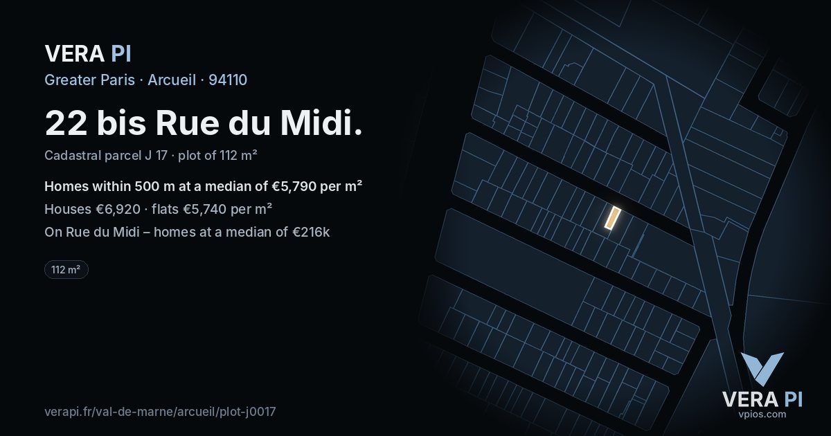 22 bis Rue du Midi, Arcueil at night – the plot lit, the parcels around coloured by the prices near them