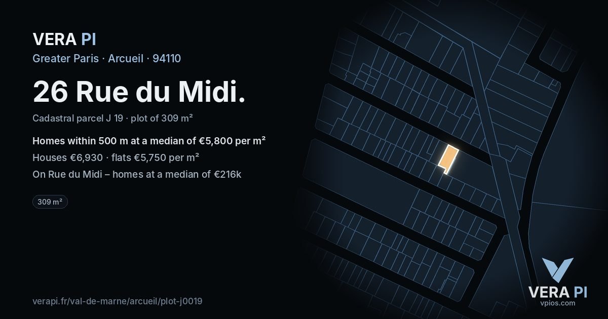 26 Rue du Midi, Arcueil at night – the plot lit, the parcels around coloured by the prices near them