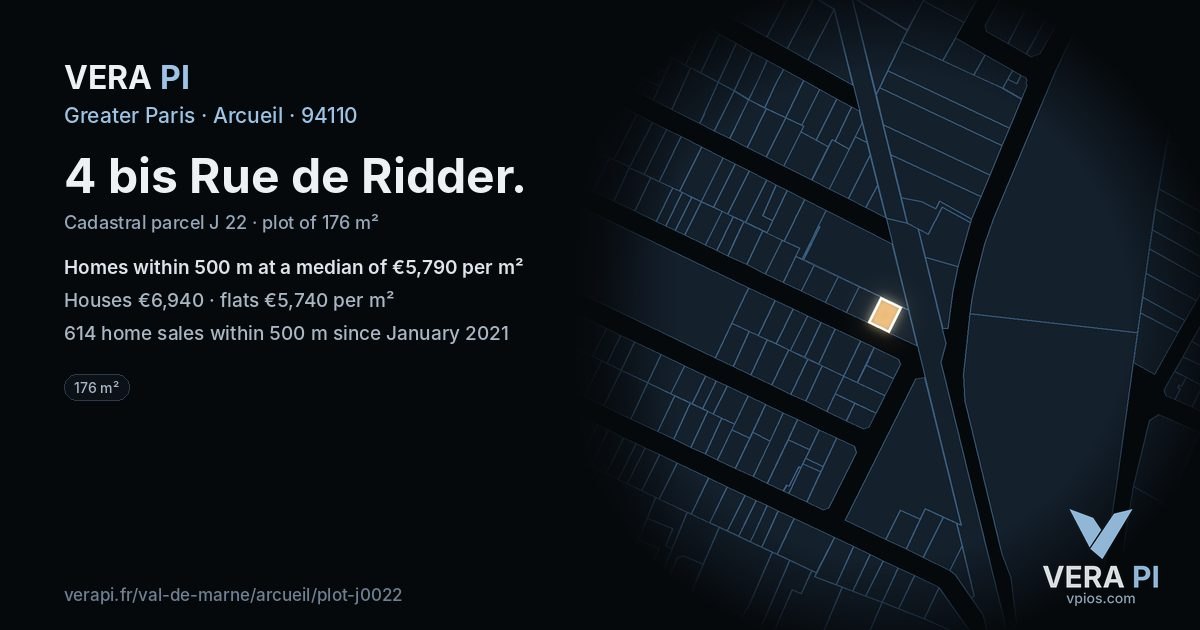 4 bis Rue de Ridder, Arcueil at night – the plot lit, the parcels around coloured by the prices near them