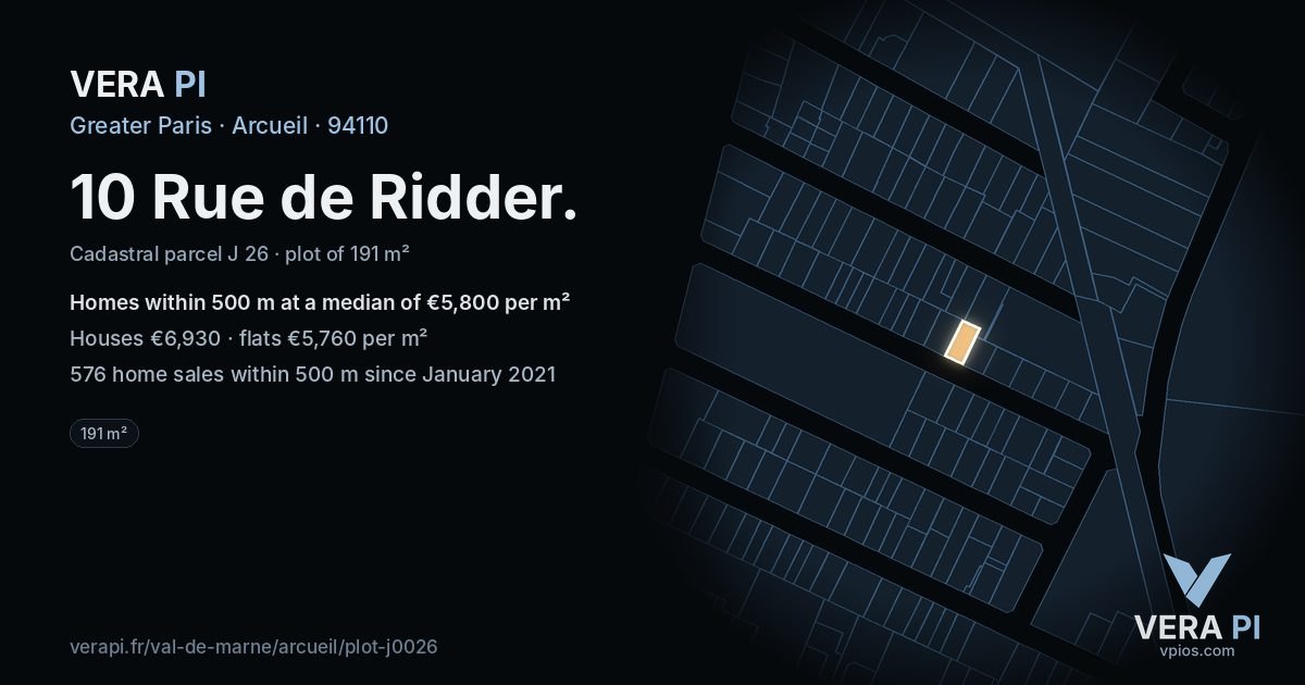 10 Rue de Ridder, Arcueil at night – the plot lit, the parcels around coloured by the prices near them