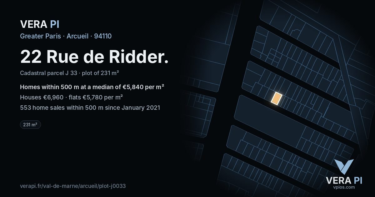 22 Rue de Ridder, Arcueil at night – the plot lit, the parcels around coloured by the prices near them