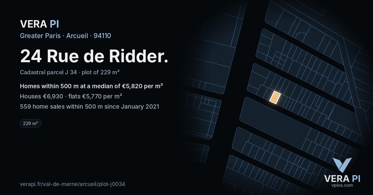 24 Rue de Ridder, Arcueil at night – the plot lit, the parcels around coloured by the prices near them