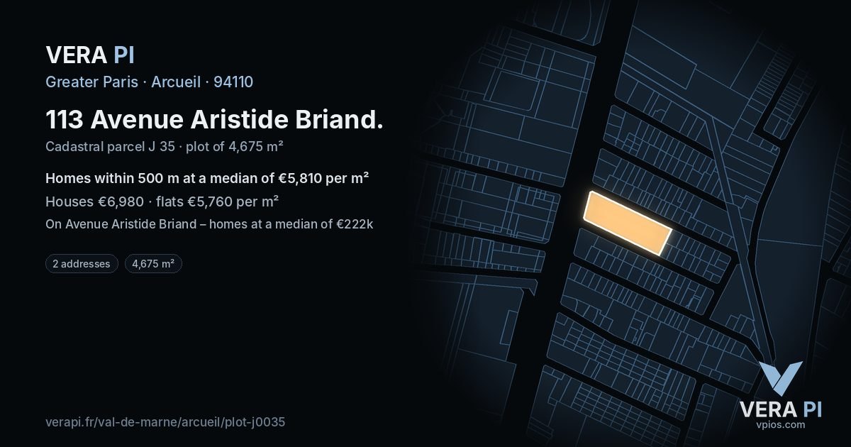 113 Avenue Aristide Briand, Arcueil at night – the plot lit, the parcels around coloured by the prices near them