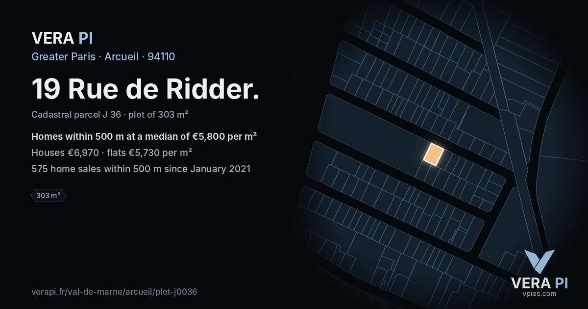 19 Rue de Ridder, Arcueil at night – the plot lit, the parcels around coloured by the prices near them