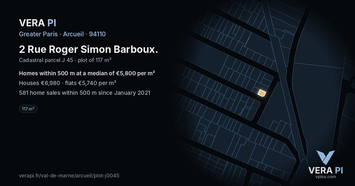 2 Rue Roger Simon Barboux, Arcueil at night – the plot lit, the parcels around coloured by the prices near them
