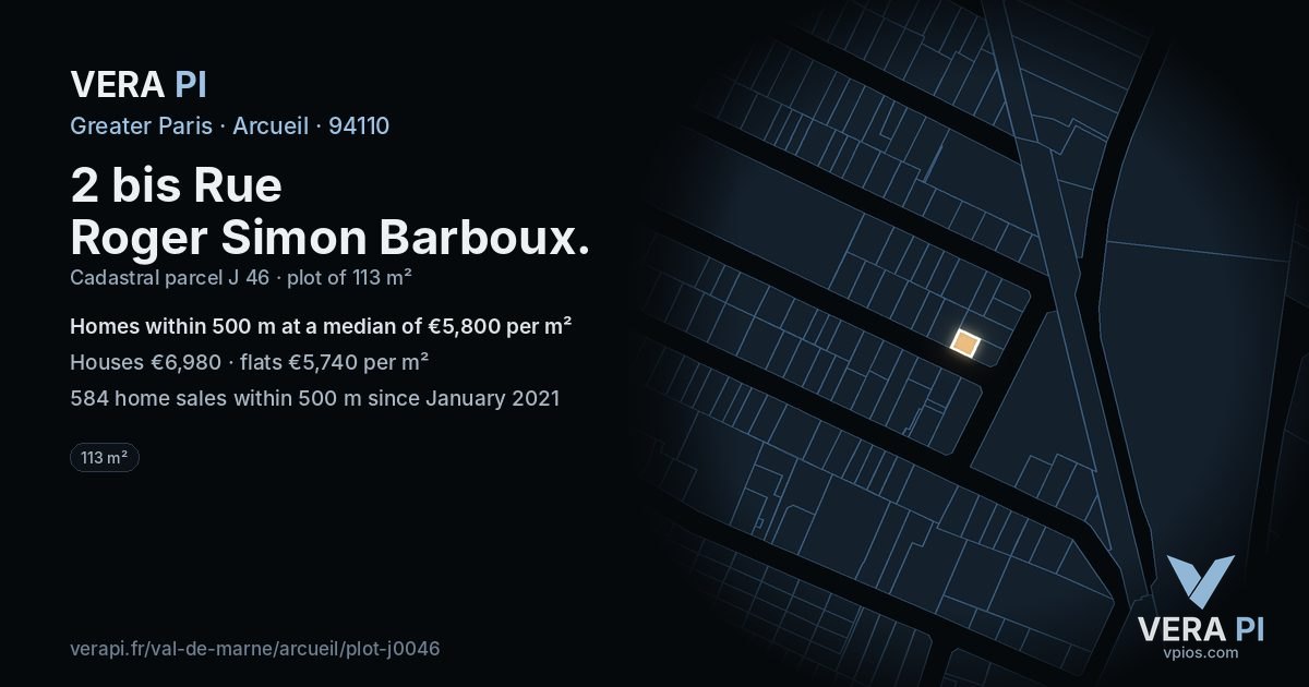2 bis Rue Roger Simon Barboux, Arcueil at night – the plot lit, the parcels around coloured by the prices near them