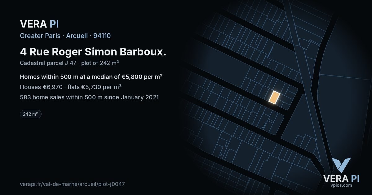 4 Rue Roger Simon Barboux, Arcueil at night – the plot lit, the parcels around coloured by the prices near them