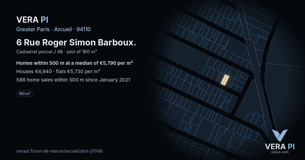 6 Rue Roger Simon Barboux, Arcueil at night – the plot lit, the parcels around coloured by the prices near them