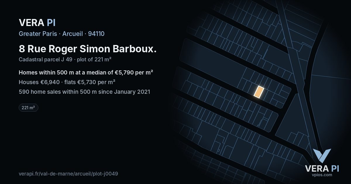 8 Rue Roger Simon Barboux, Arcueil at night – the plot lit, the parcels around coloured by the prices near them