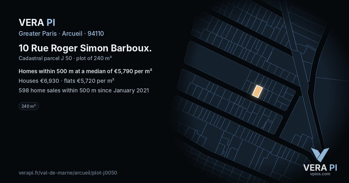 10 Rue Roger Simon Barboux, Arcueil at night – the plot lit, the parcels around coloured by the prices near them