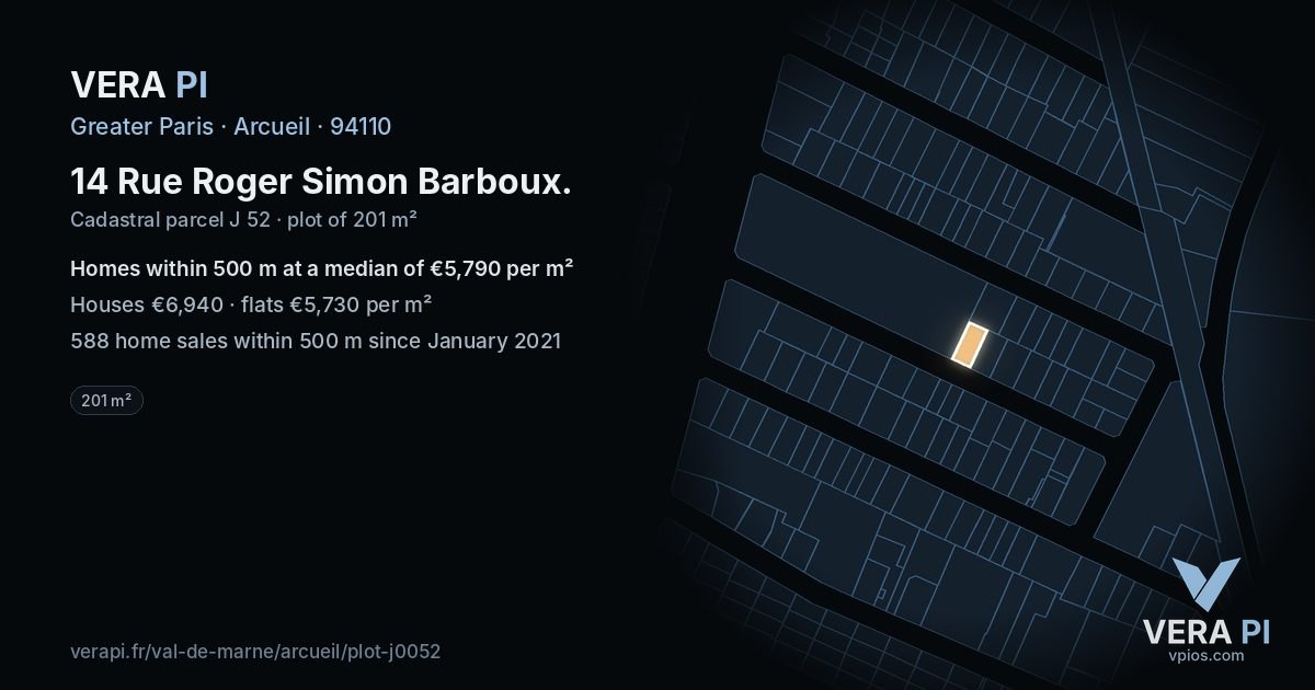 14 Rue Roger Simon Barboux, Arcueil at night – the plot lit, the parcels around coloured by the prices near them