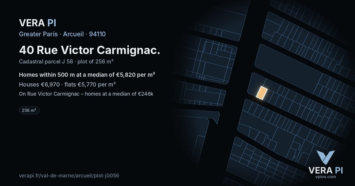 40 Rue Victor Carmignac, Arcueil at night – the plot lit, the parcels around coloured by the prices near them