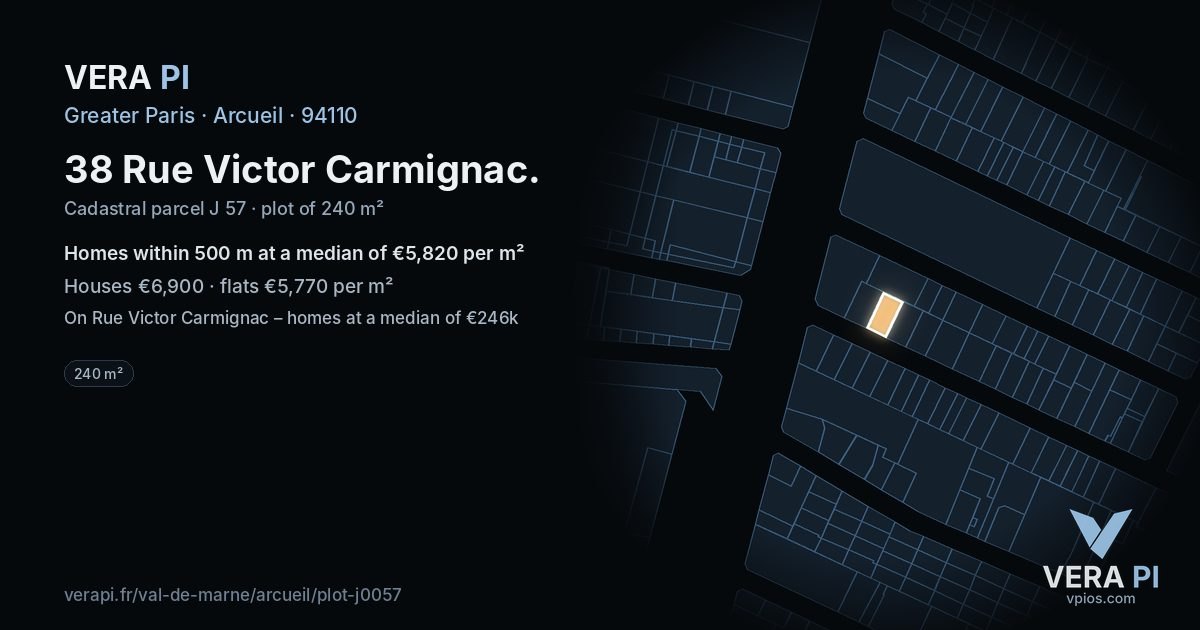 38 Rue Victor Carmignac, Arcueil at night – the plot lit, the parcels around coloured by the prices near them