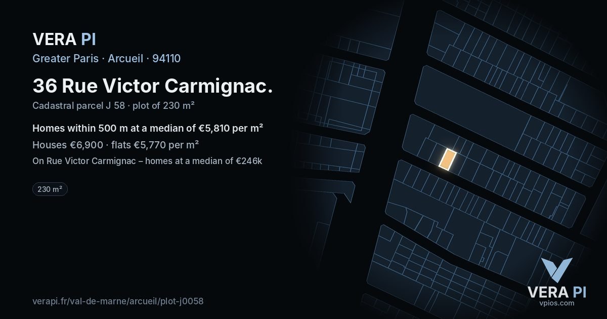36 Rue Victor Carmignac, Arcueil at night – the plot lit, the parcels around coloured by the prices near them
