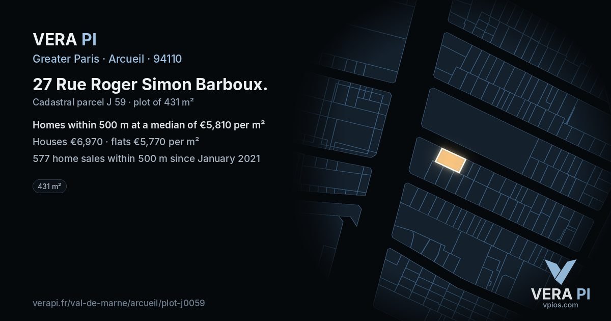 27 Rue Roger Simon Barboux, Arcueil at night – the plot lit, the parcels around coloured by the prices near them