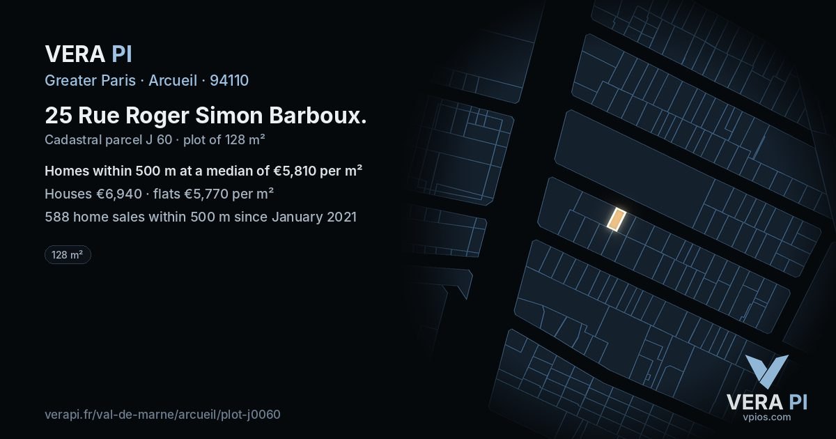 25 Rue Roger Simon Barboux, Arcueil at night – the plot lit, the parcels around coloured by the prices near them