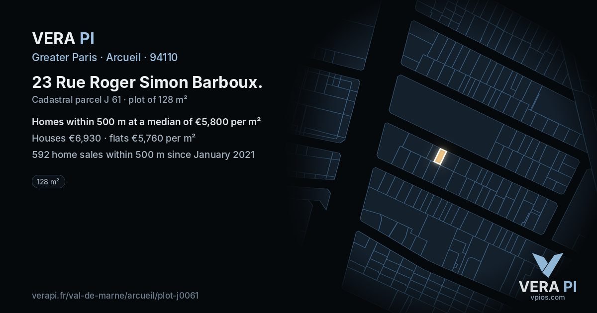 23 Rue Roger Simon Barboux, Arcueil at night – the plot lit, the parcels around coloured by the prices near them
