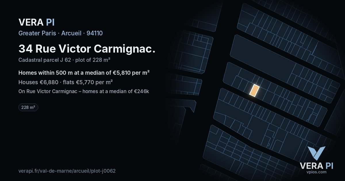 34 Rue Victor Carmignac, Arcueil at night – the plot lit, the parcels around coloured by the prices near them