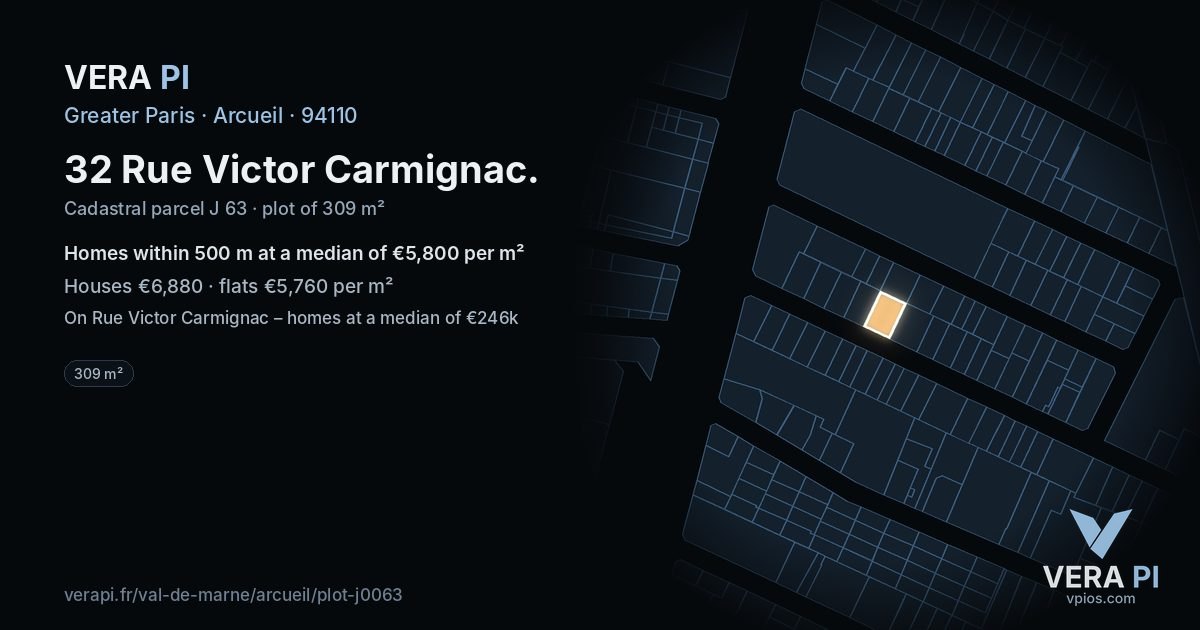 32 Rue Victor Carmignac, Arcueil at night – the plot lit, the parcels around coloured by the prices near them