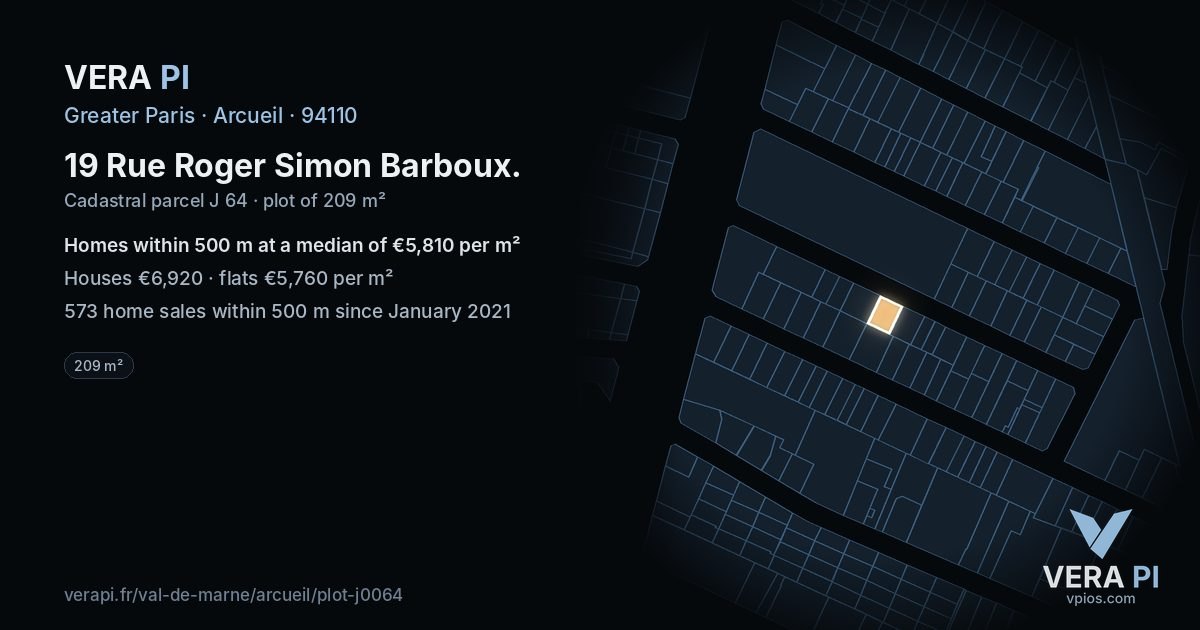 19 Rue Roger Simon Barboux, Arcueil at night – the plot lit, the parcels around coloured by the prices near them
