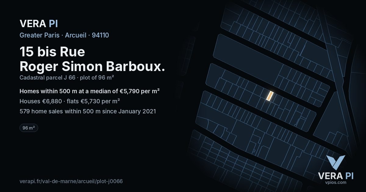 15 bis Rue Roger Simon Barboux, Arcueil at night – the plot lit, the parcels around coloured by the prices near them