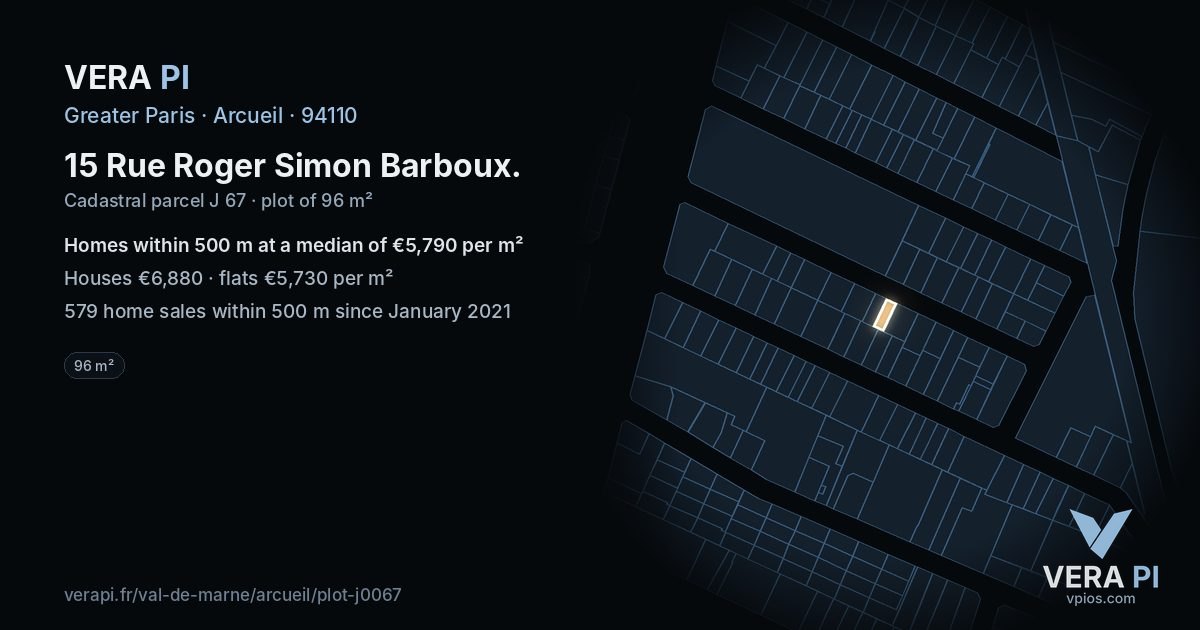 15 Rue Roger Simon Barboux, Arcueil at night – the plot lit, the parcels around coloured by the prices near them
