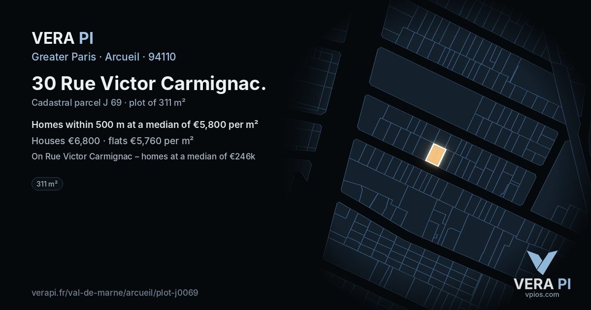 30 Rue Victor Carmignac, Arcueil at night – the plot lit, the parcels around coloured by the prices near them