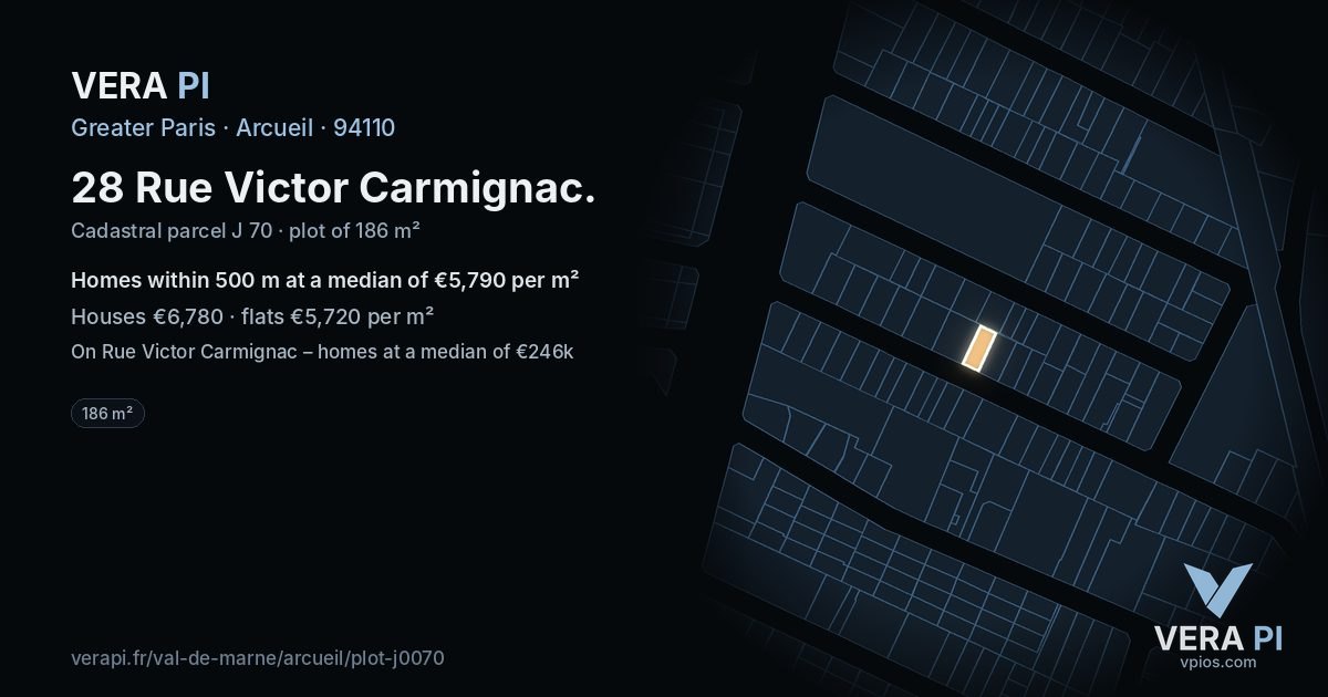 28 Rue Victor Carmignac, Arcueil at night – the plot lit, the parcels around coloured by the prices near them