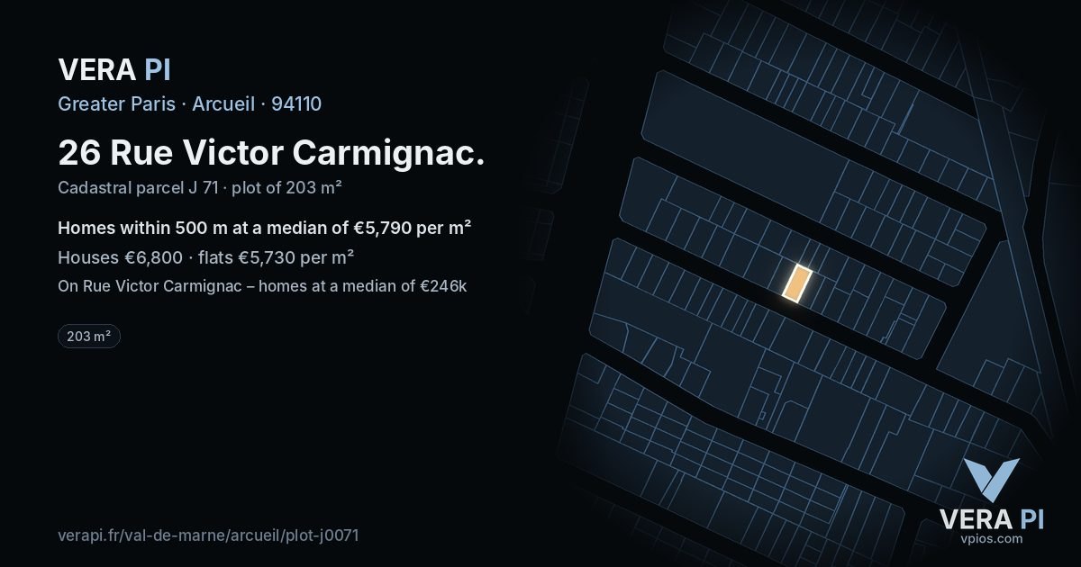26 Rue Victor Carmignac, Arcueil at night – the plot lit, the parcels around coloured by the prices near them
