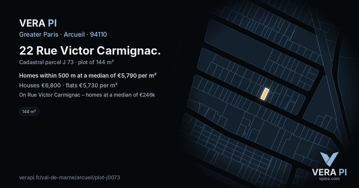 22 Rue Victor Carmignac, Arcueil at night – the plot lit, the parcels around coloured by the prices near them