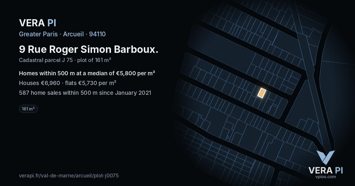 9 Rue Roger Simon Barboux, Arcueil at night – the plot lit, the parcels around coloured by the prices near them
