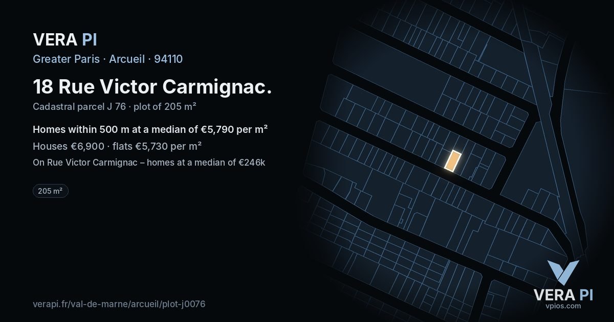 18 Rue Victor Carmignac, Arcueil at night – the plot lit, the parcels around coloured by the prices near them