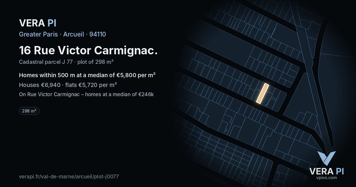 16 Rue Victor Carmignac, Arcueil at night – the plot lit, the parcels around coloured by the prices near them